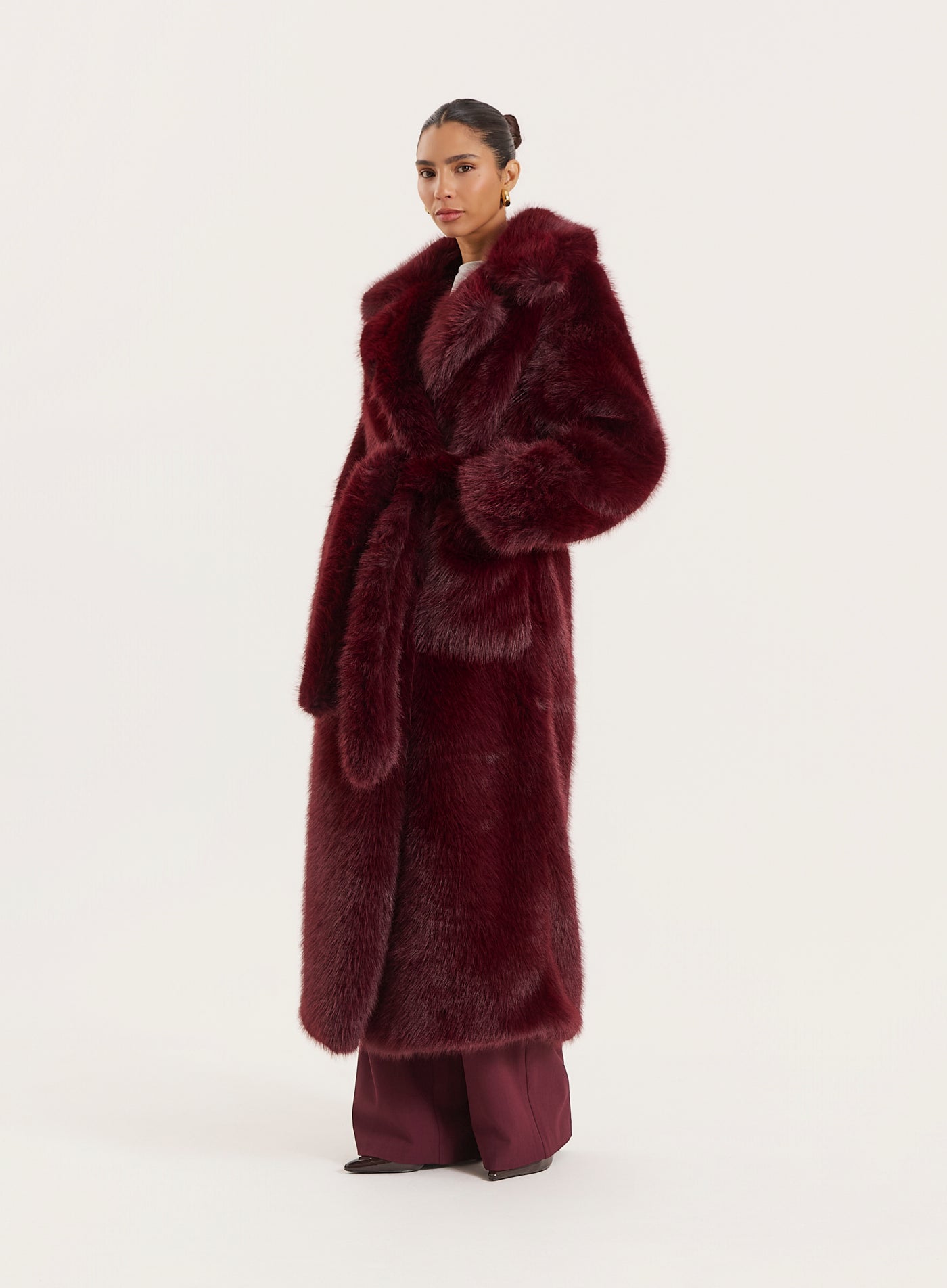Burgundy Faux Fur Belted Longline Coat
